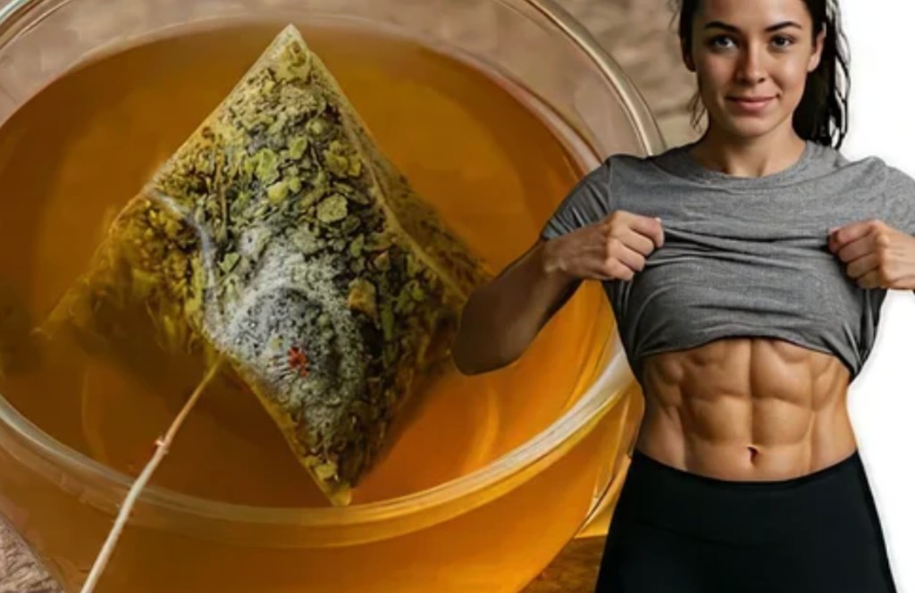 Batido herbal en taza junto a mujer en forma con abdomen tonificado.